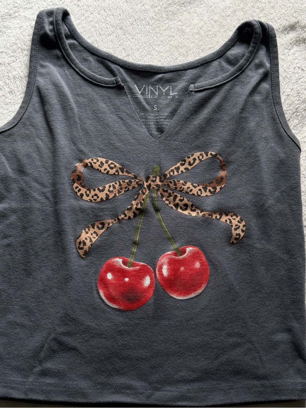 Grey Tank Top with Leopard Bow & Red Cherry Graphic